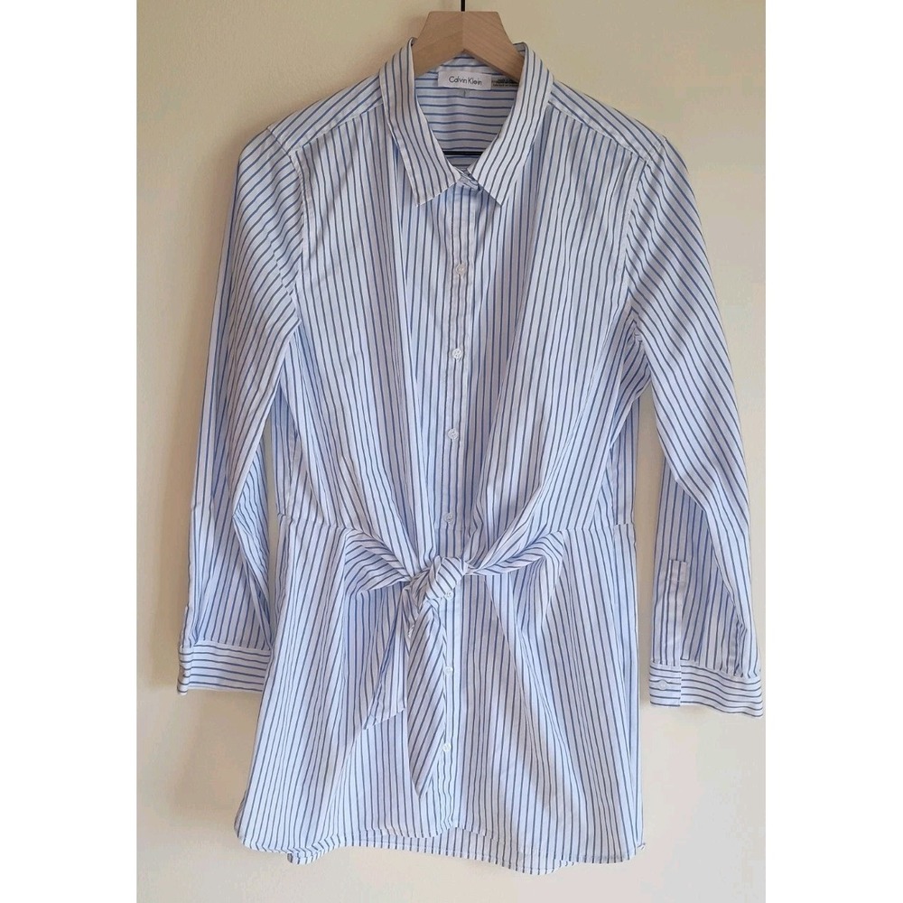 Calvin Klein Blue White Striped Tunic Button Down Blouse Roll Tab Sz L Tie Front